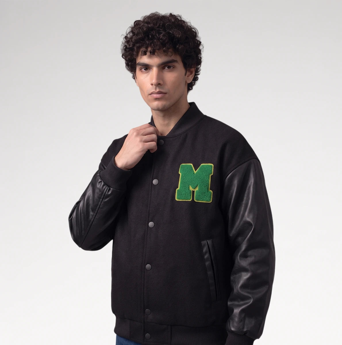 Audace Black Leather Sleeve Varsity Jacket