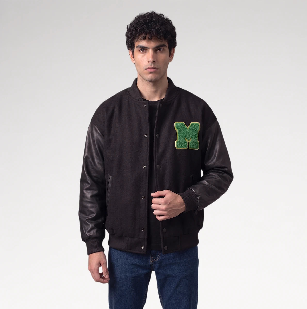 Audace Black Leather Sleeve Varsity Jacket