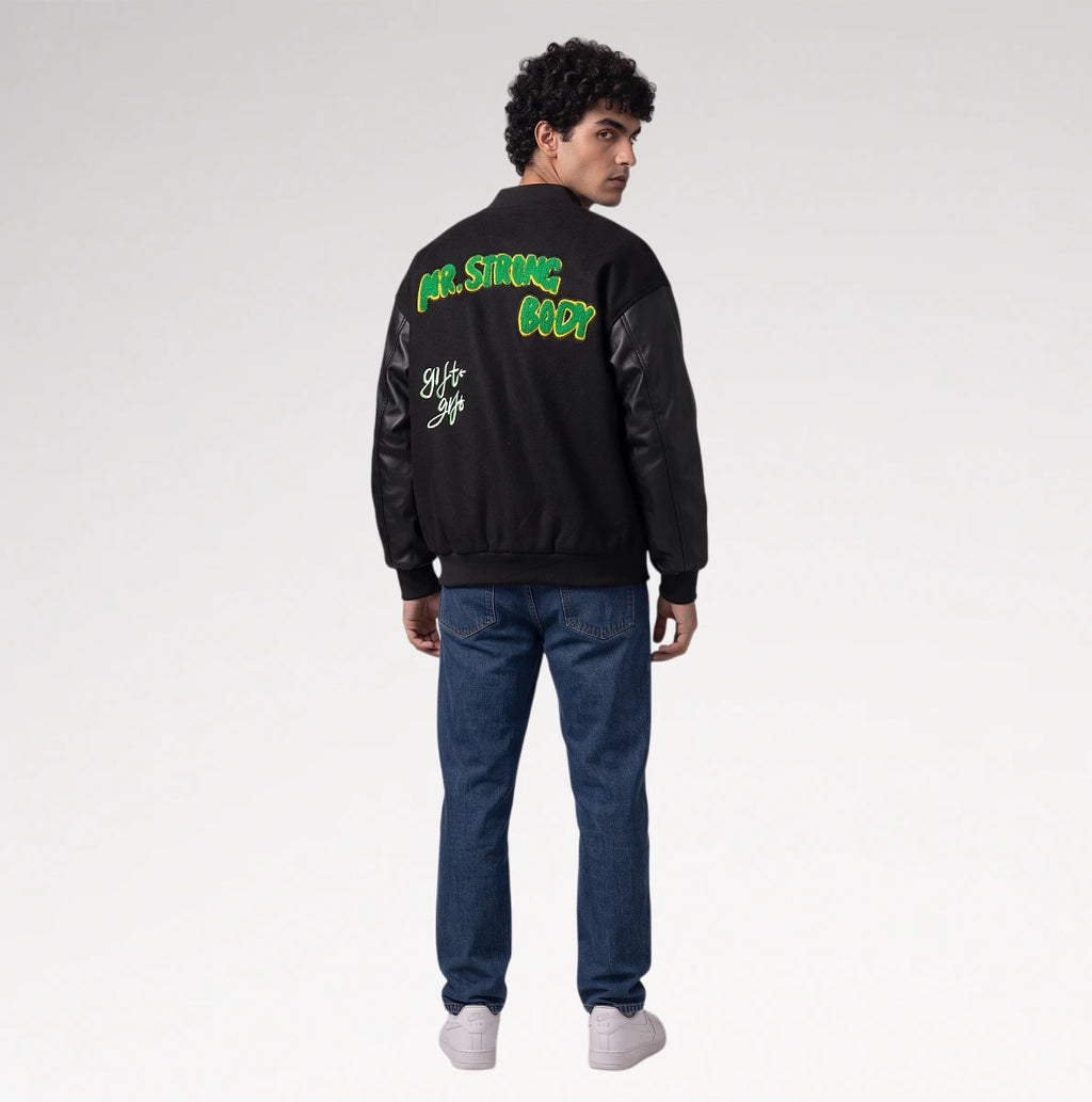 Audace Black Leather Sleeve Varsity Jacket