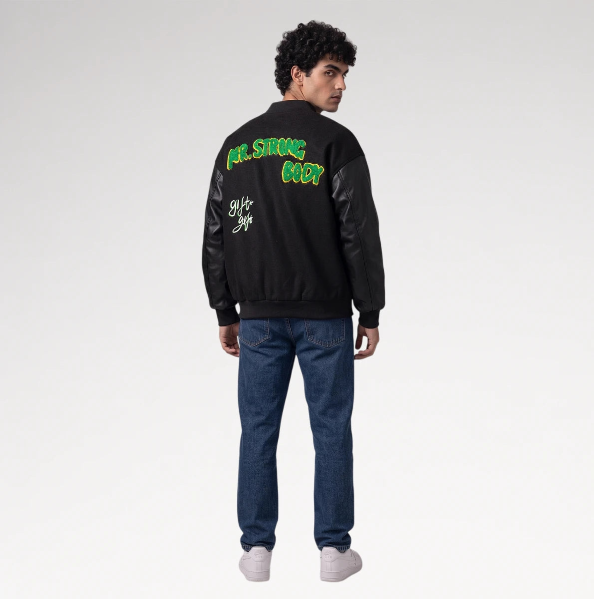 Audace Black Leather Sleeve Varsity Jacket