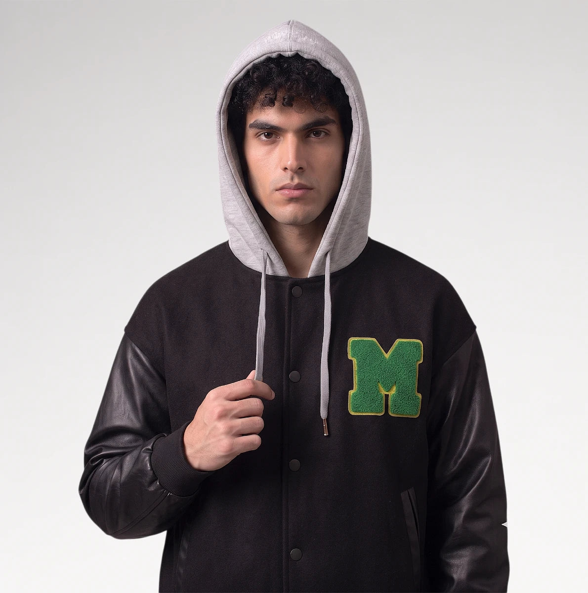 Audace Black Leather Sleeve Varsity Jacket