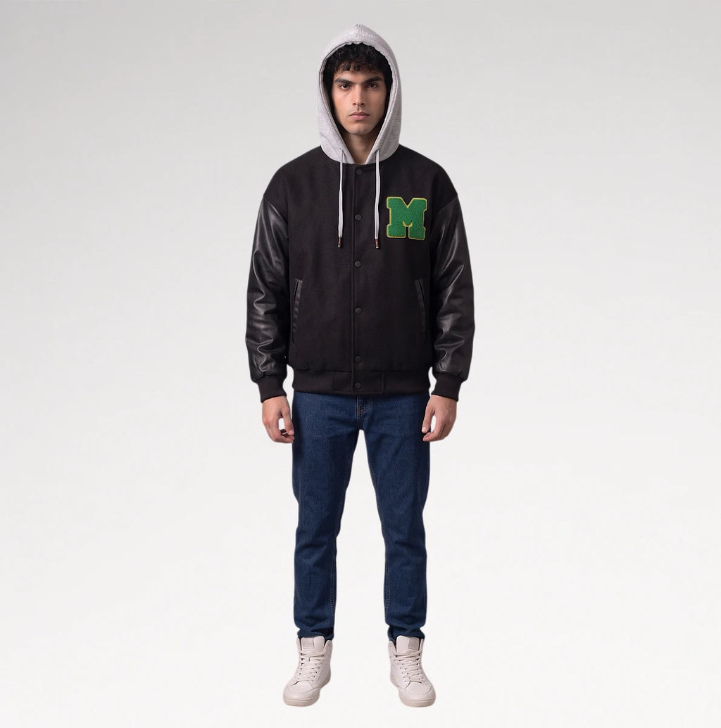 Audace Black Leather Sleeve Varsity Jacket