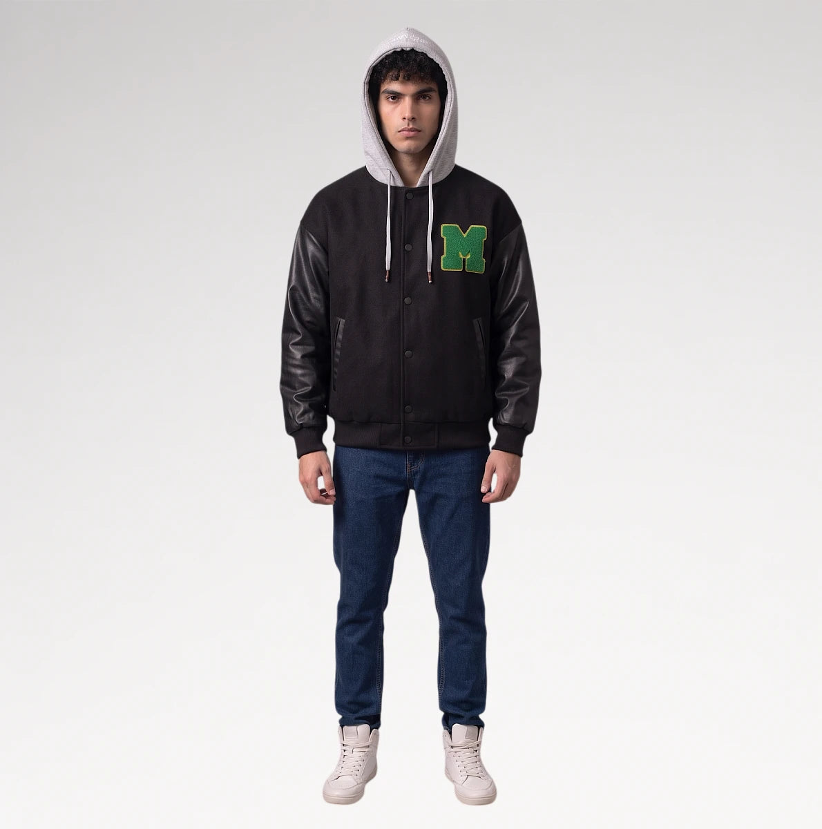 Audace Black Leather Sleeve Varsity Jacket
