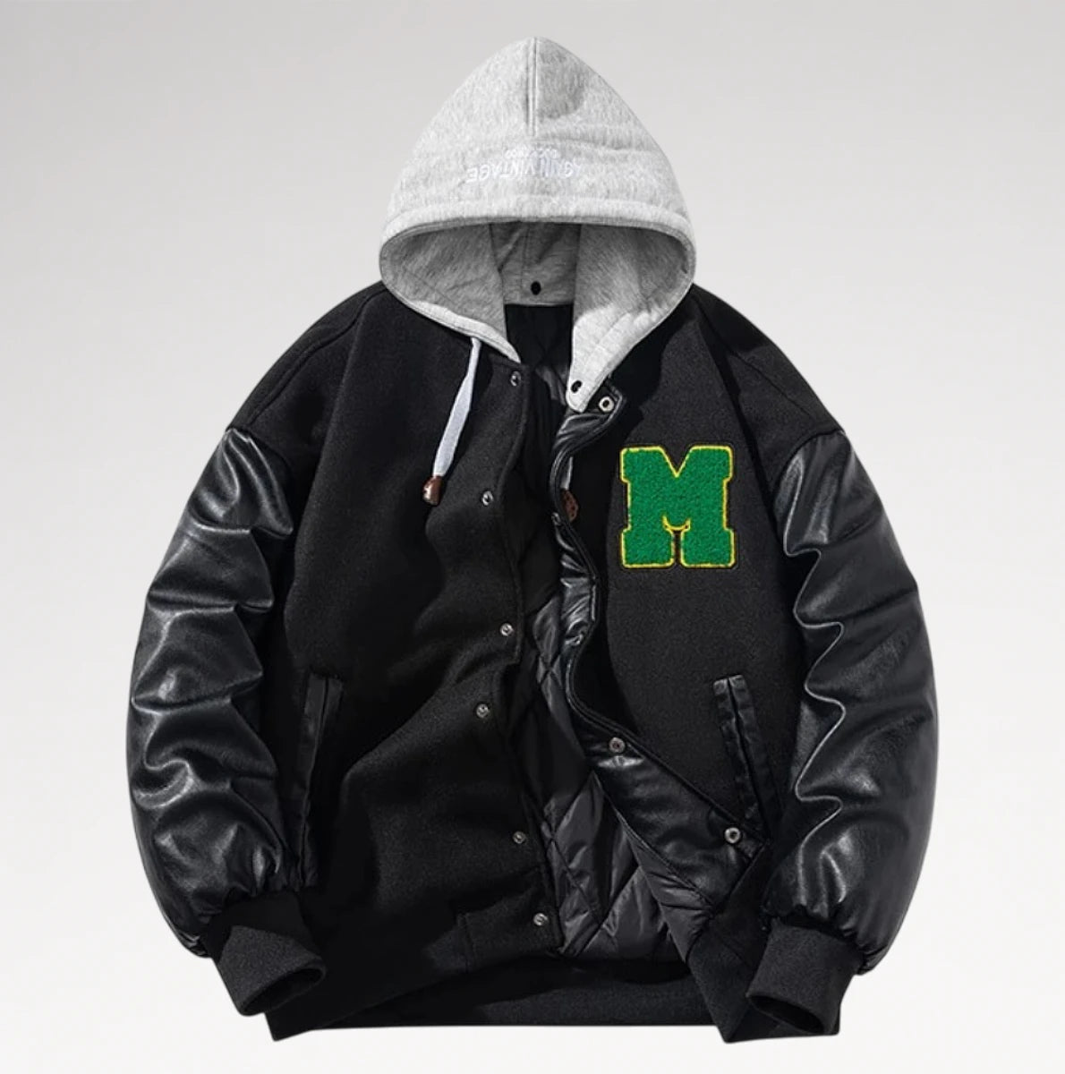 Audace Black Leather Sleeve Varsity Jacket