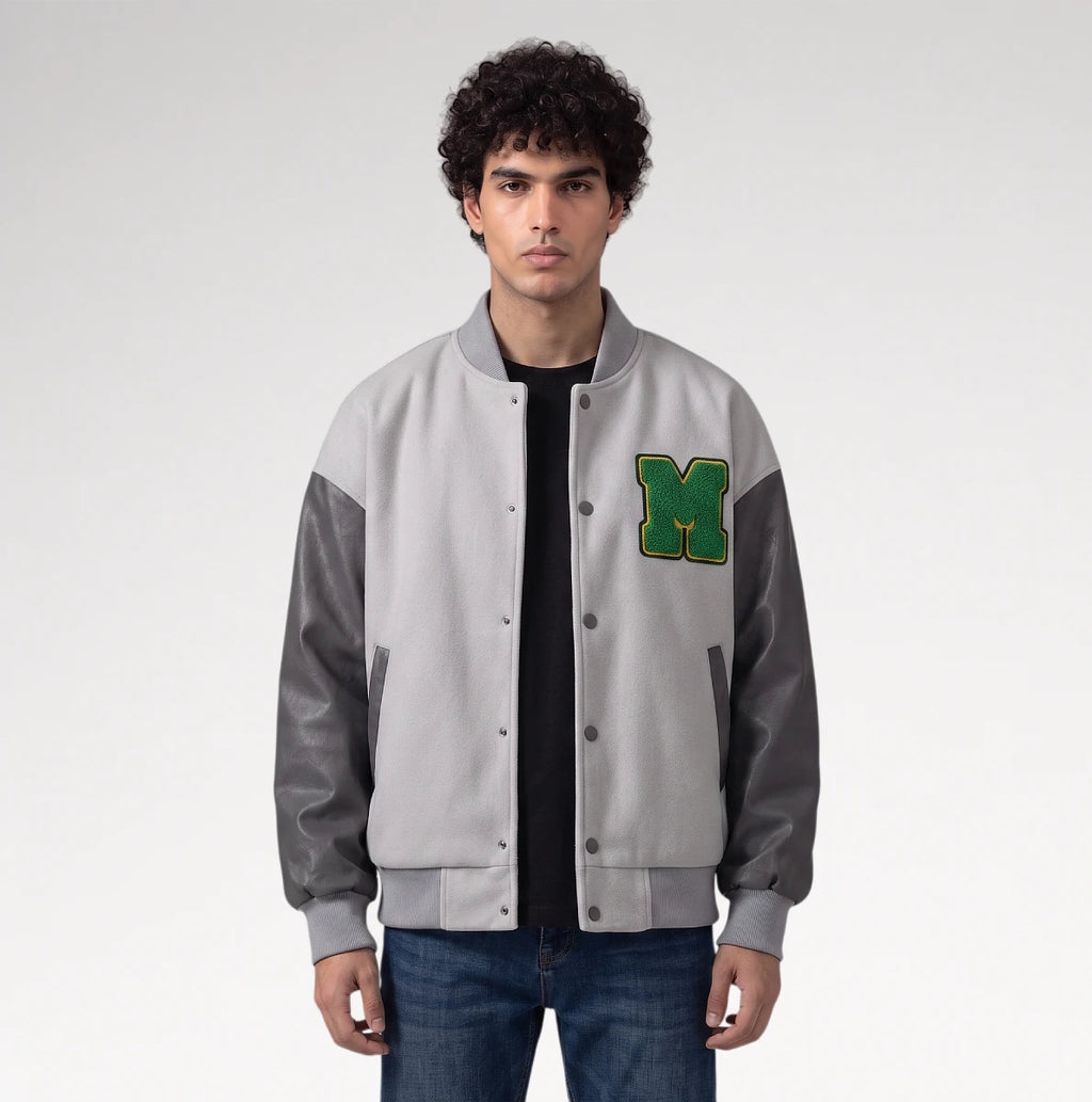 Audace Gray Leather Sleeve Varsity Jacket