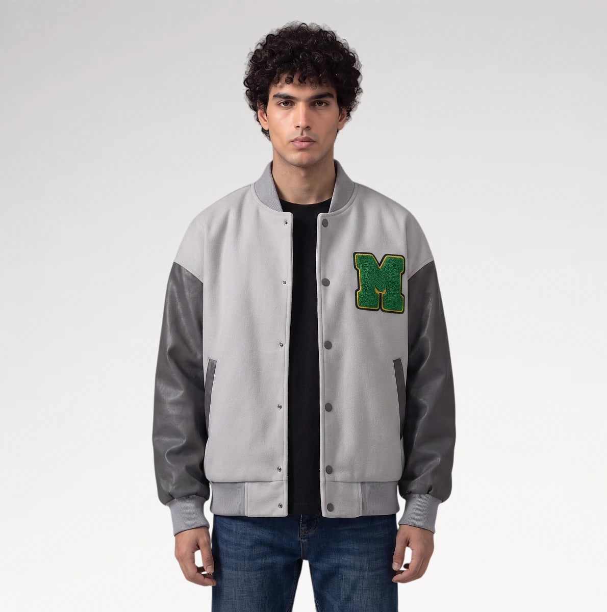 Audace Gray Leather Sleeve Varsity Jacket