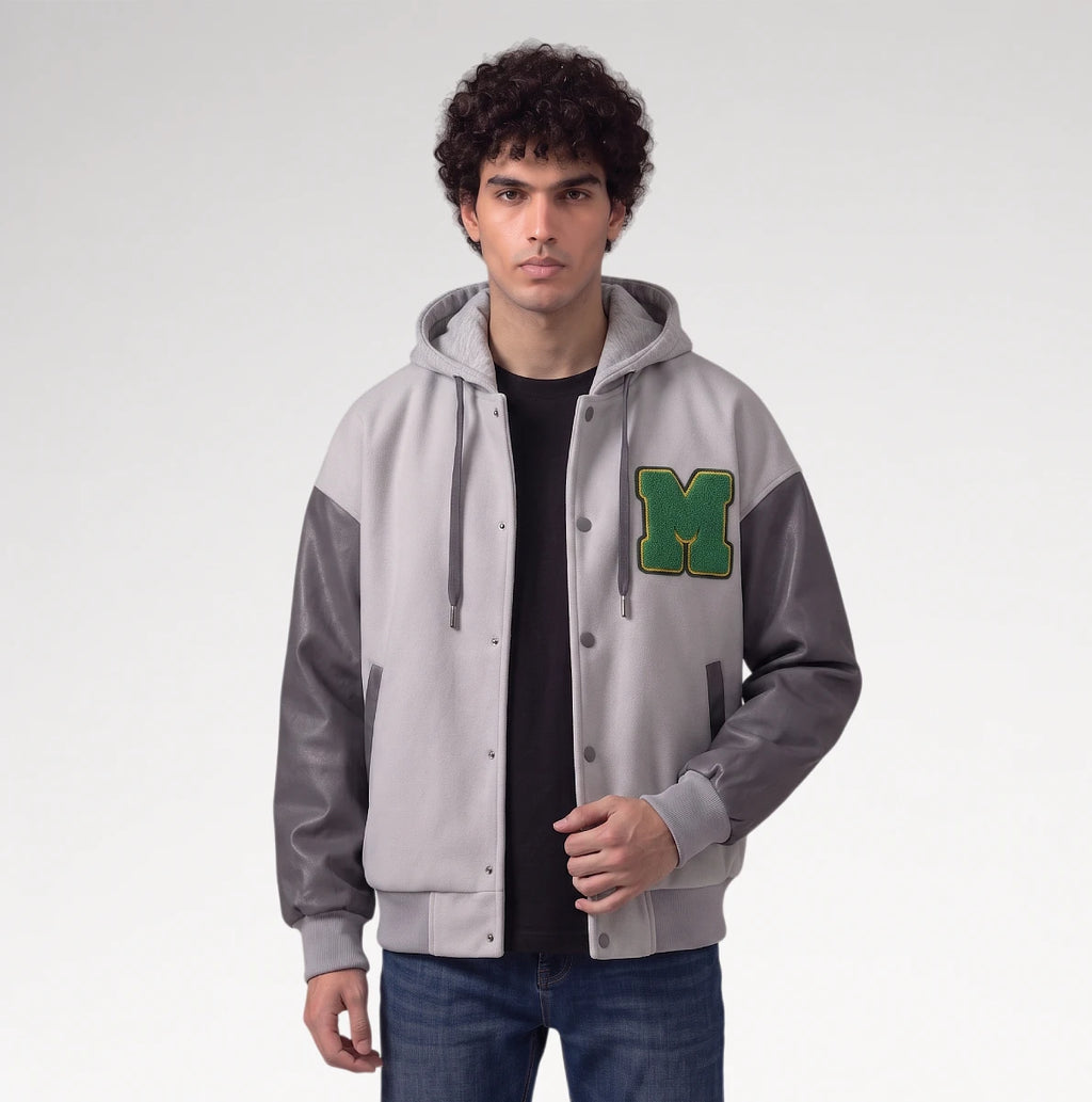 Audace Gray Leather Sleeve Varsity Jacket