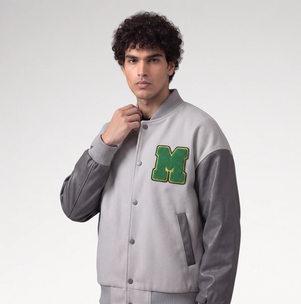 Audace Gray Leather Sleeve Varsity Jacket