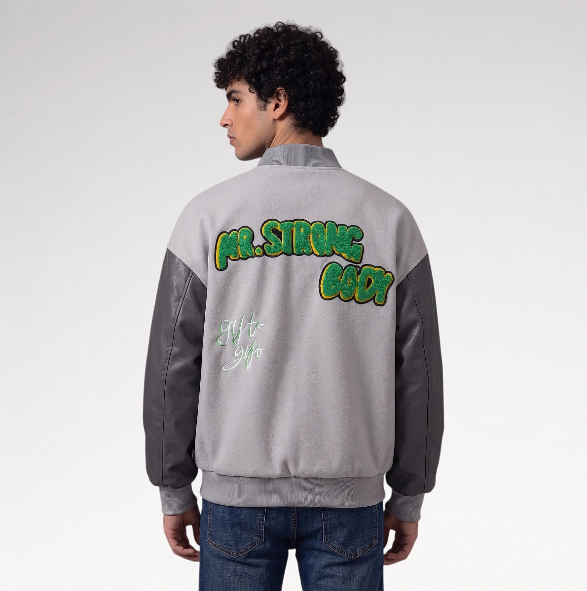Audace Gray Leather Sleeve Varsity Jacket