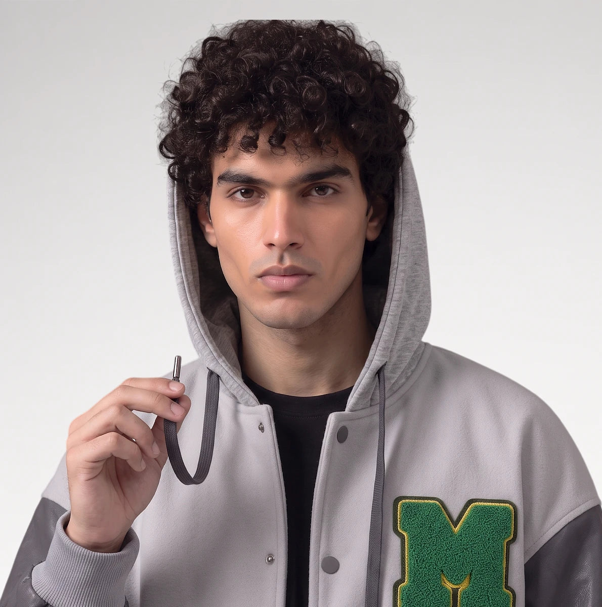 Audace Gray Leather Sleeve Varsity Jacket