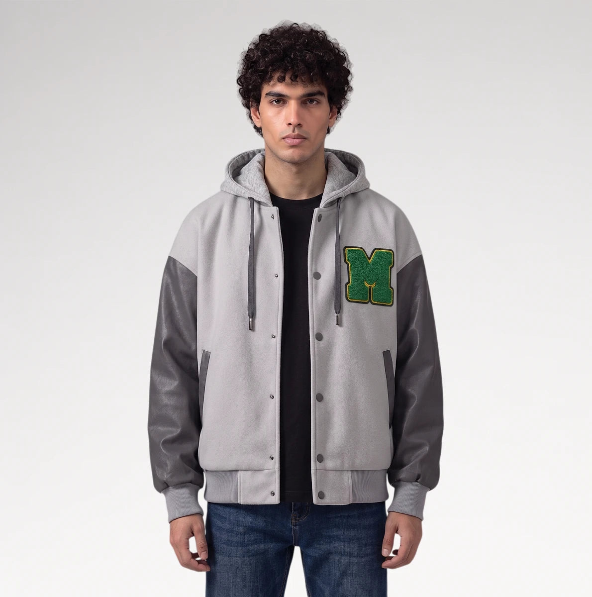 Audace Gray Leather Sleeve Varsity Jacket