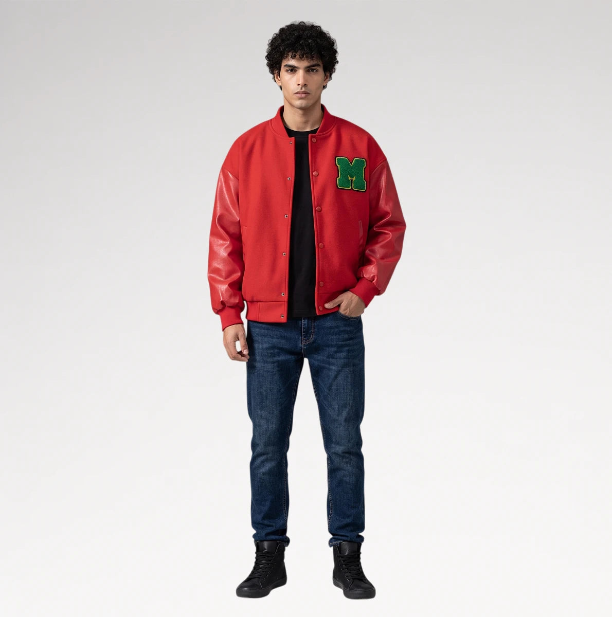 Audace Red Leather Sleeve Varsity Jacket