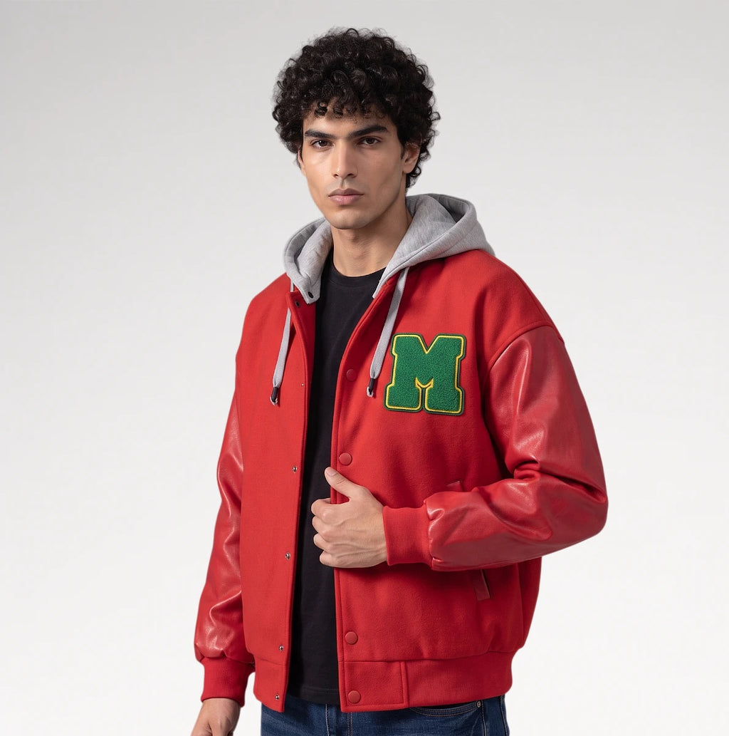 Audace Red Leather Sleeve Varsity Jacket