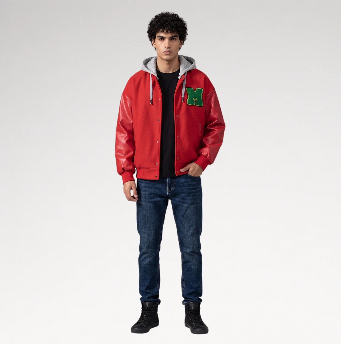 Audace Red Leather Sleeve Varsity Jacket