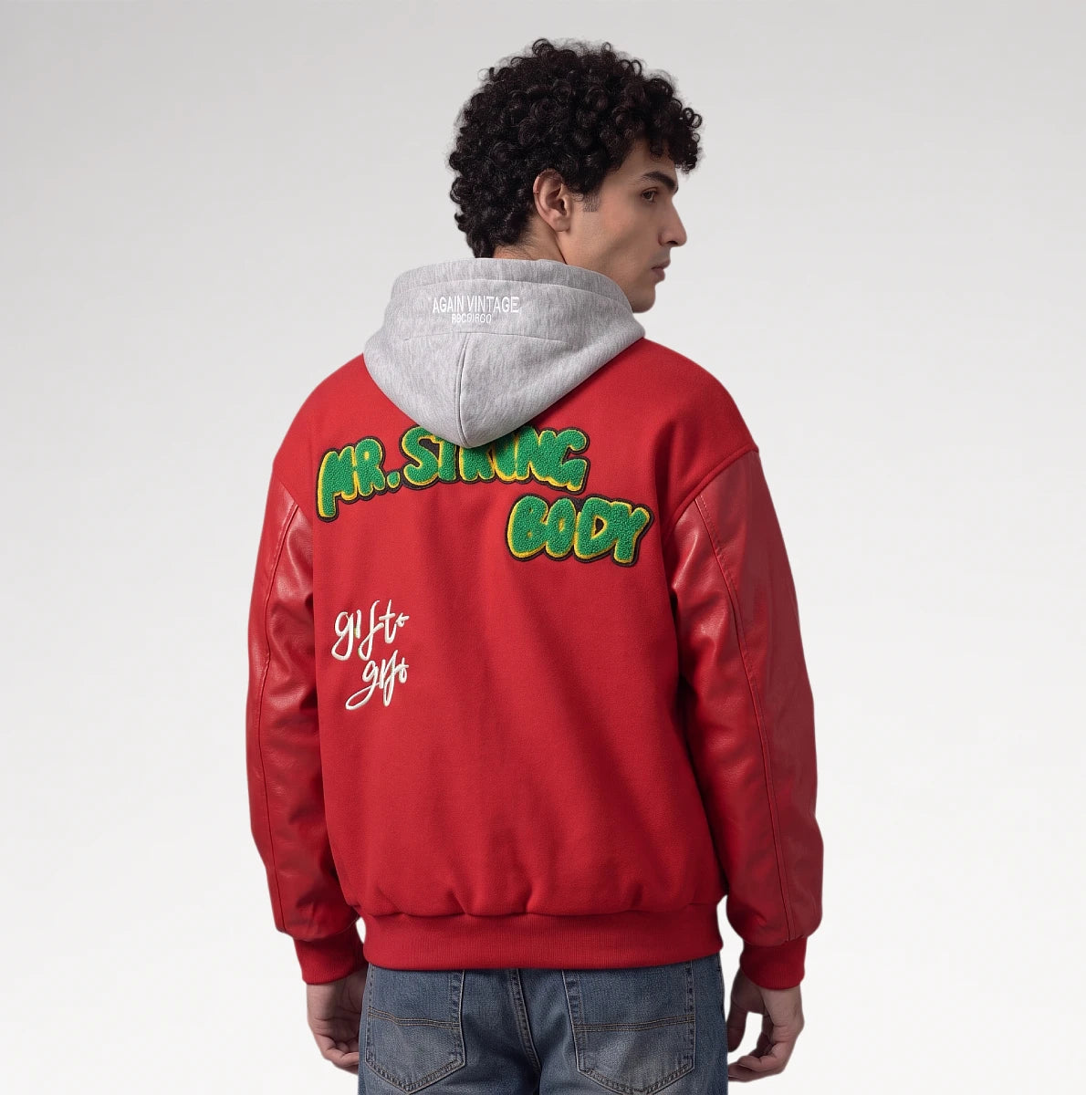 Audace Red Leather Sleeve Varsity Jacket