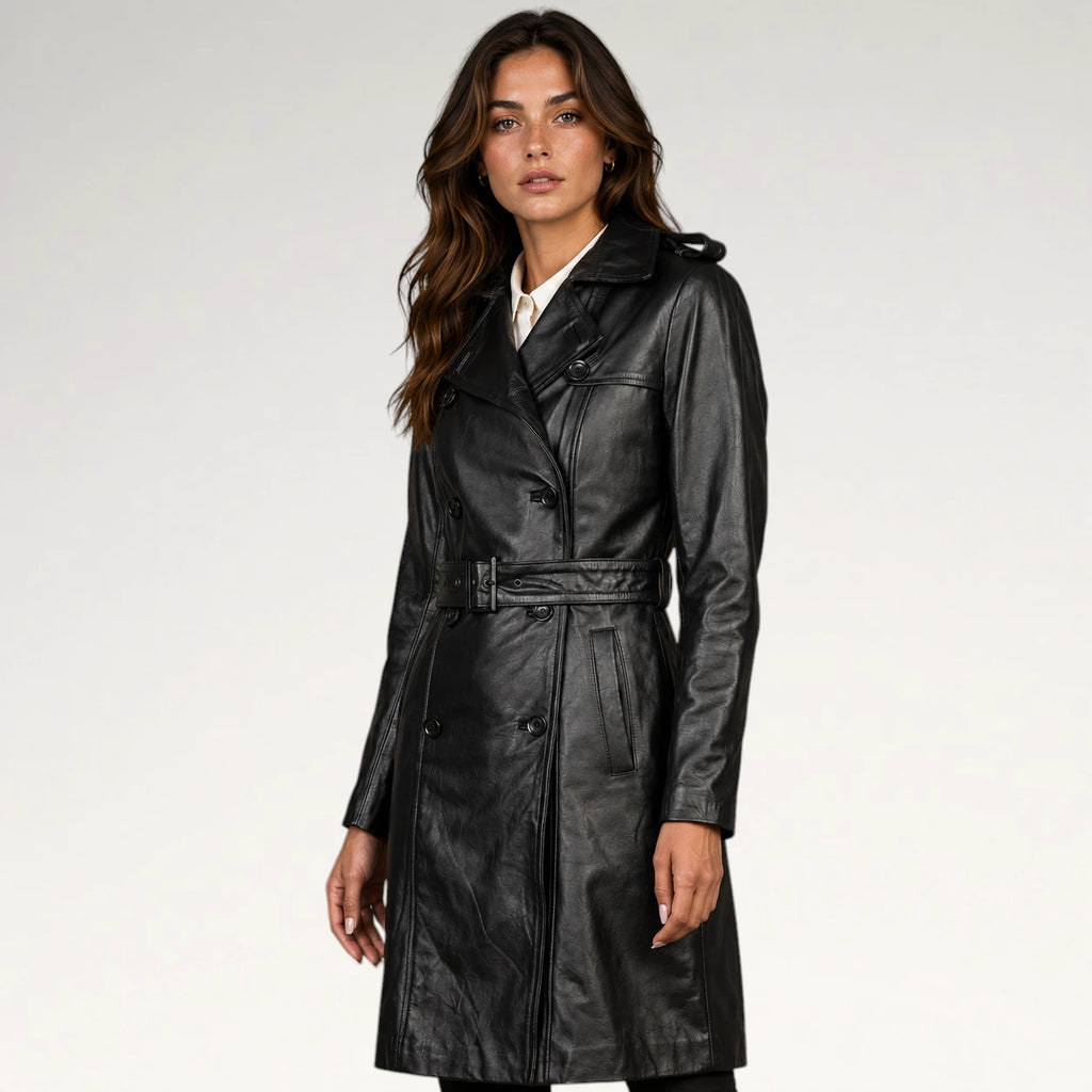 A woman modeling a black leather trench coat with a matching belt, photographed against a plain light gray studio background.
