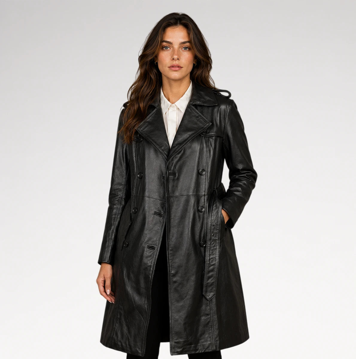 A woman modeling a black leather trench coat over a white collared shirt, photographed against a clean light gray studio background.