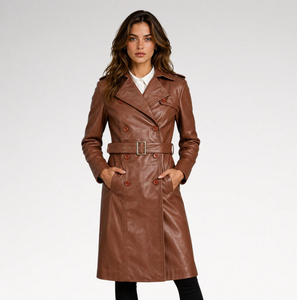 A woman modeling a brown faux-leather double-breasted trench coat with a matching belt, worn over a white collared shirt and black pants, against a light gray studio background.