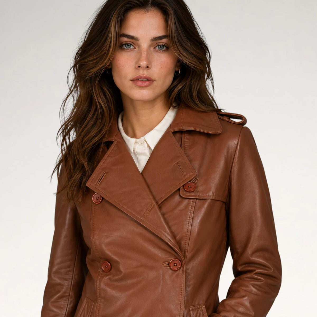 A woman wearing a brown leather double-breasted trench coat over a white collared shirt, photographed against a clean light gray studio background.