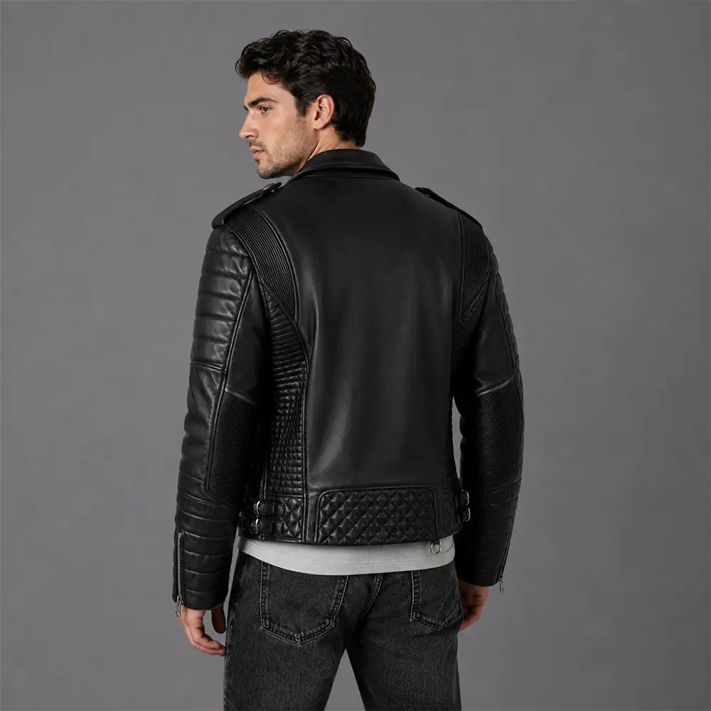 Men Black Quilted Motorcycle Leather Jacket