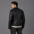 Men Black Quilted Motorcycle Leather Jacket