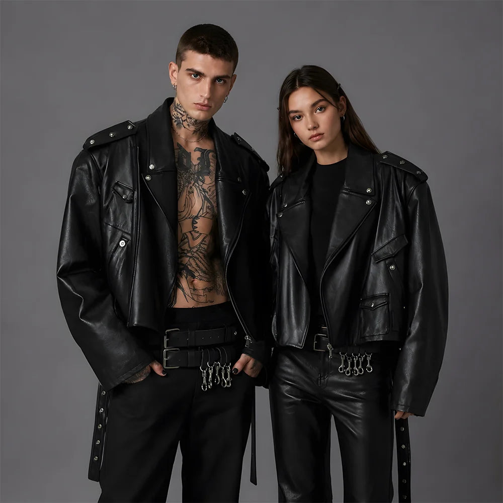 Unisex Black Oversized Biker Leather Jacket