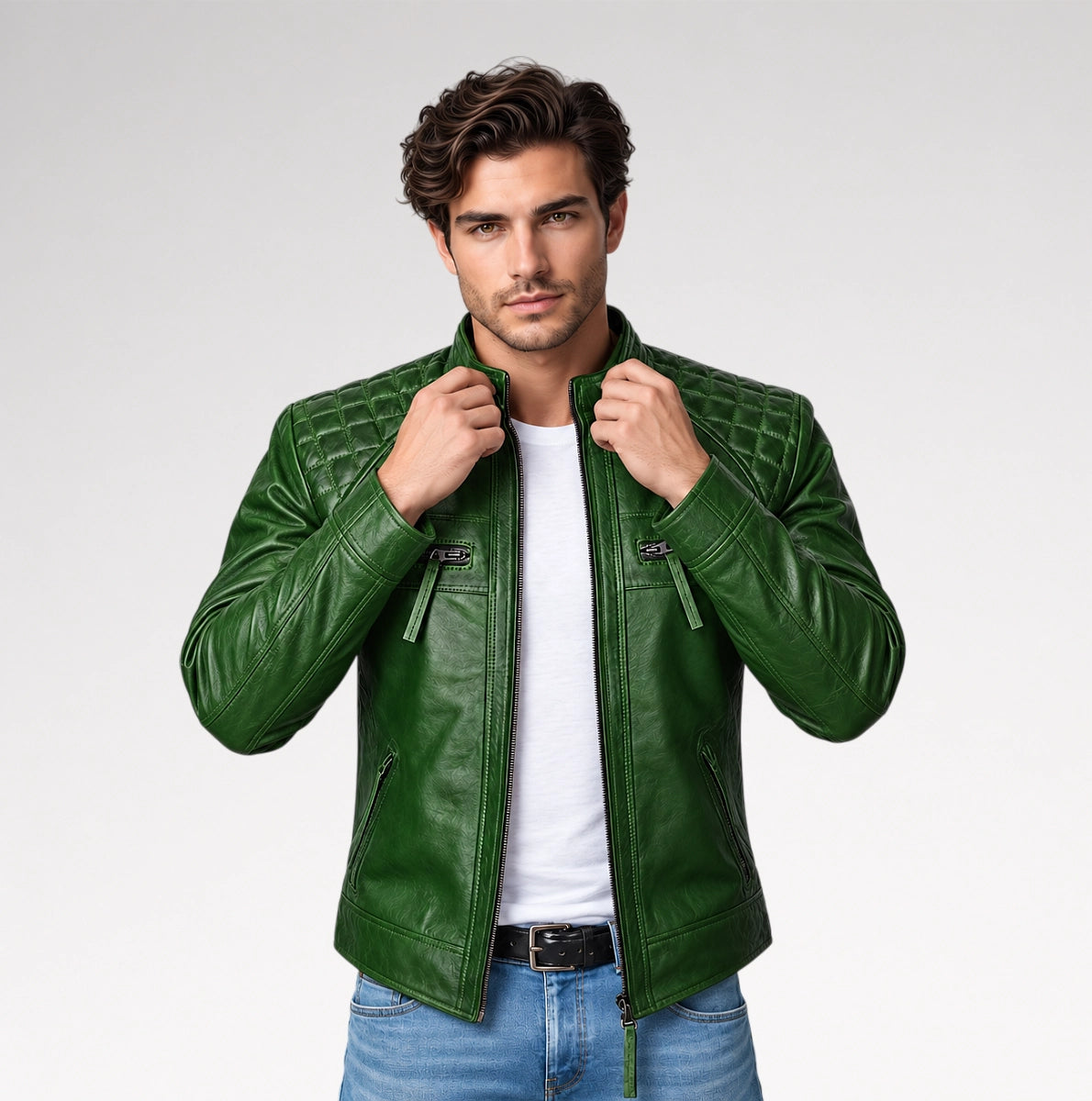 A man wearing a green quilted leather jacket over a white t-shirt and blue jeans, posing against a light gray studio background.