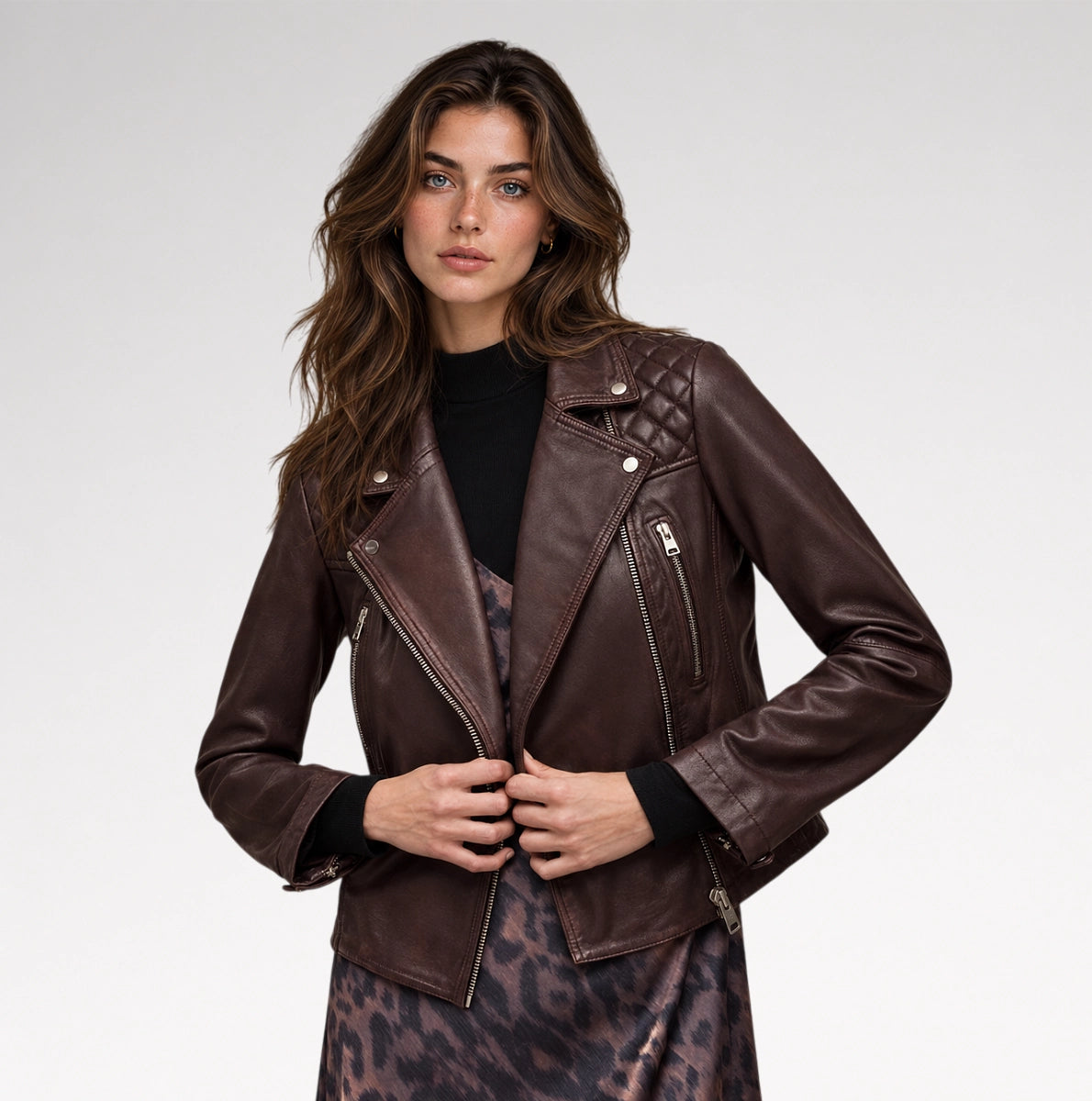 Vinaccia Distressed Mahogany Red Quilted Biker Leather Jacket