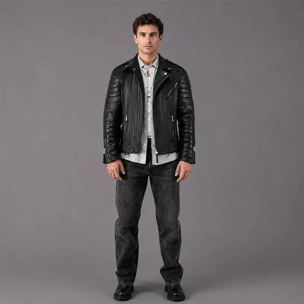 Men Black Quilted Motorcycle Leather Jacket