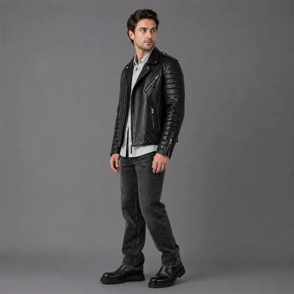 Men Black Quilted Motorcycle Leather Jacket