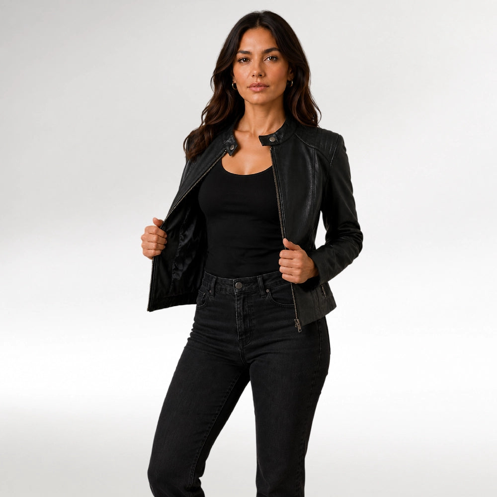 Veloce Black Slim Fit Cafe Racer Quilted Leather Jacket Secondary image