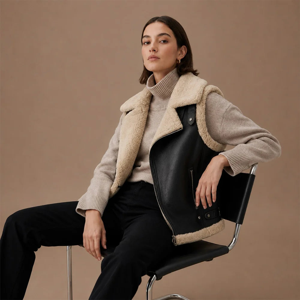 Women Biker Shearling Leather Vest