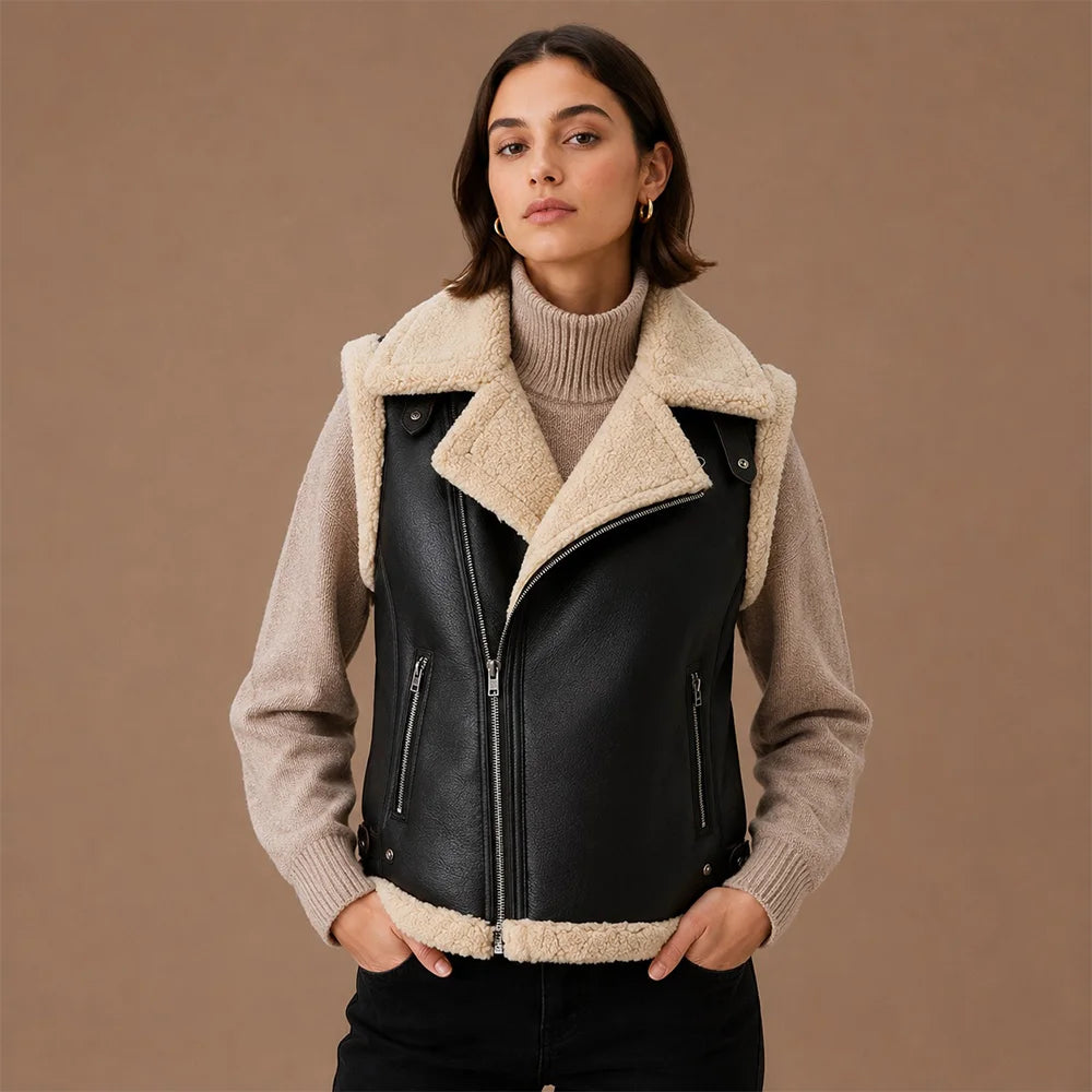 Women Biker Shearling Leather Vest Main image