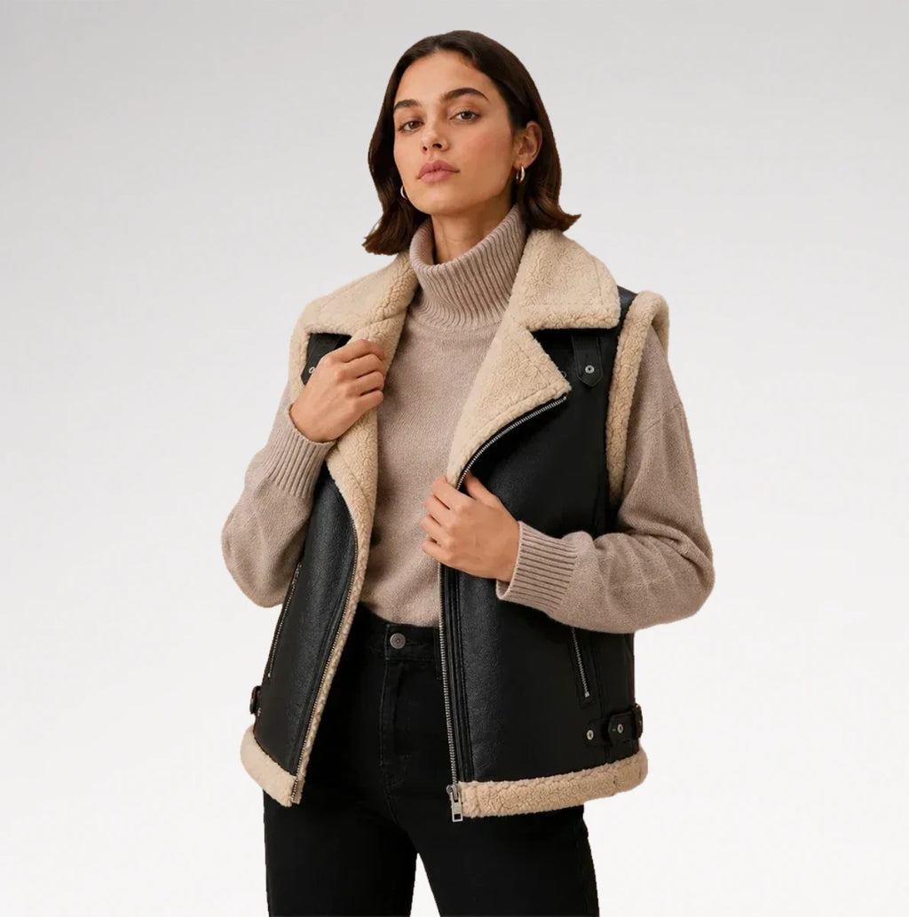A woman models a black faux-leather moto jacket with a beige sherpa lining, worn over a beige ribbed turtleneck sweater and black pants, against a light gray studio background.