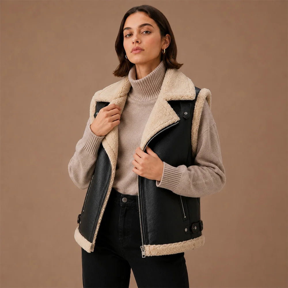 Women Biker Shearling Leather Vest Secondary image
