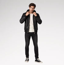 Uomo Moderno Black Nappa Leather Hooded Bomber Jacket