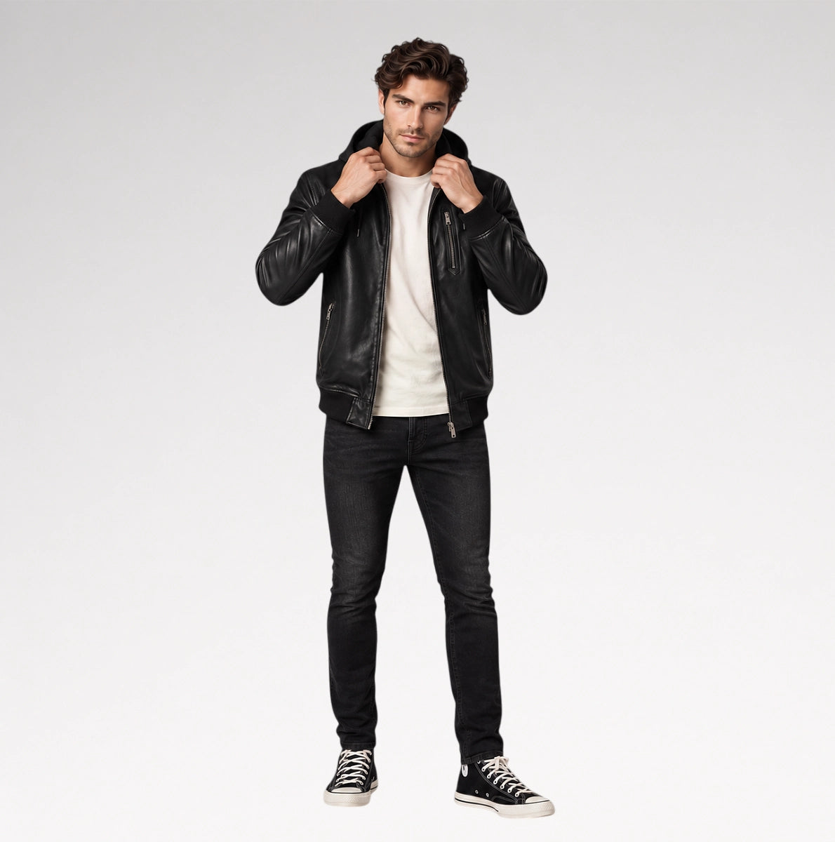 Uomo Moderno Black Nappa Leather Hooded Bomber Jacket