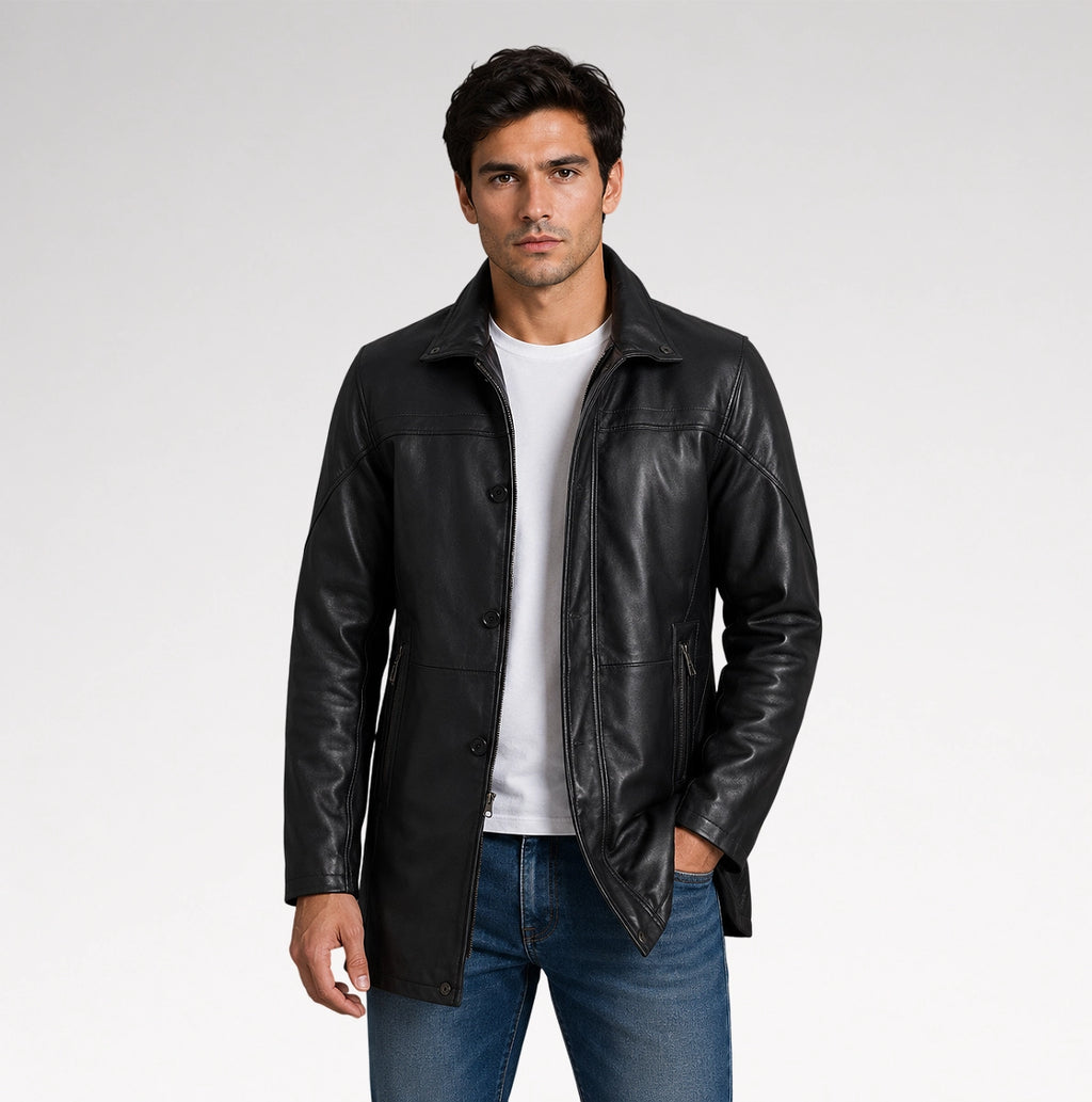 Tradizione Black 3/4 Length Leather Coat