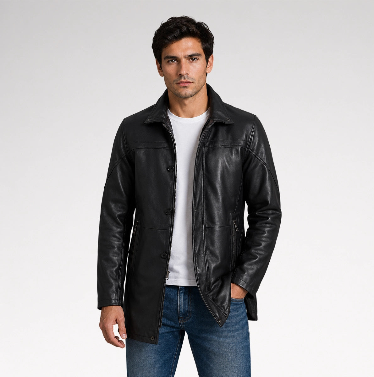 Tradizione Black 3/4 Length Leather Coat