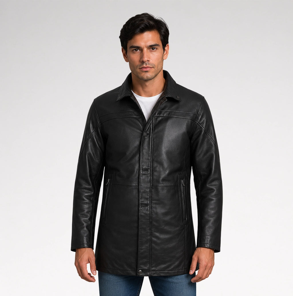 Tradizione Black 3/4 Length Leather Coat