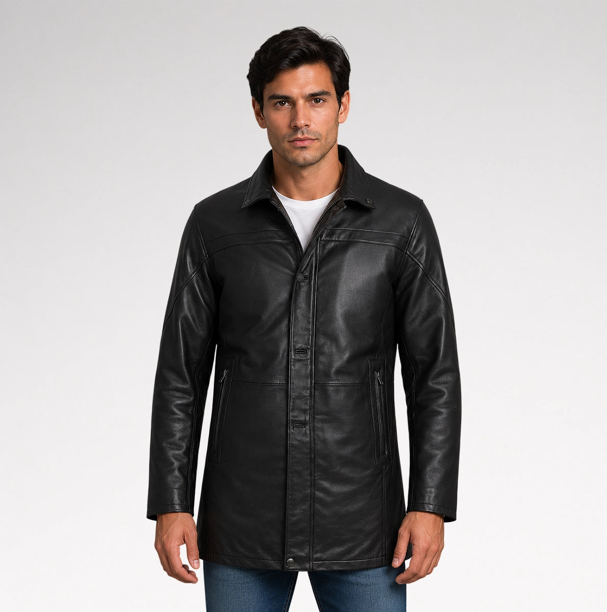 Tradizione Black 3/4 Length Leather Coat