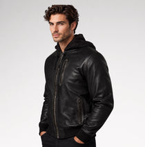 Uomo Moderno Black Nappa Leather Hooded Bomber Jacket