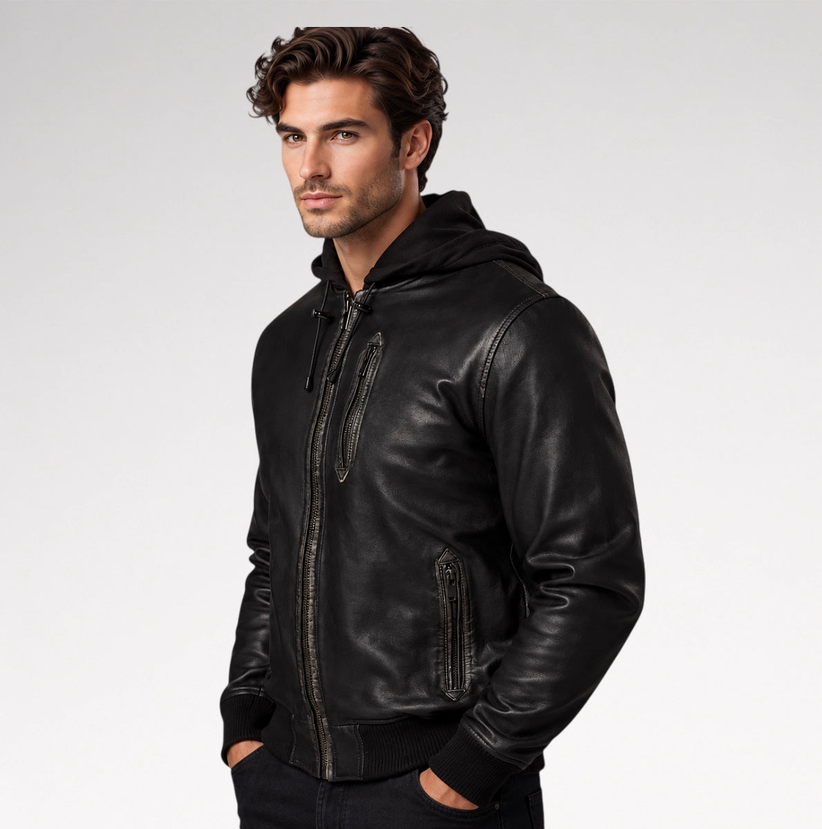 Uomo Moderno Black Nappa Leather Hooded Bomber Jacket