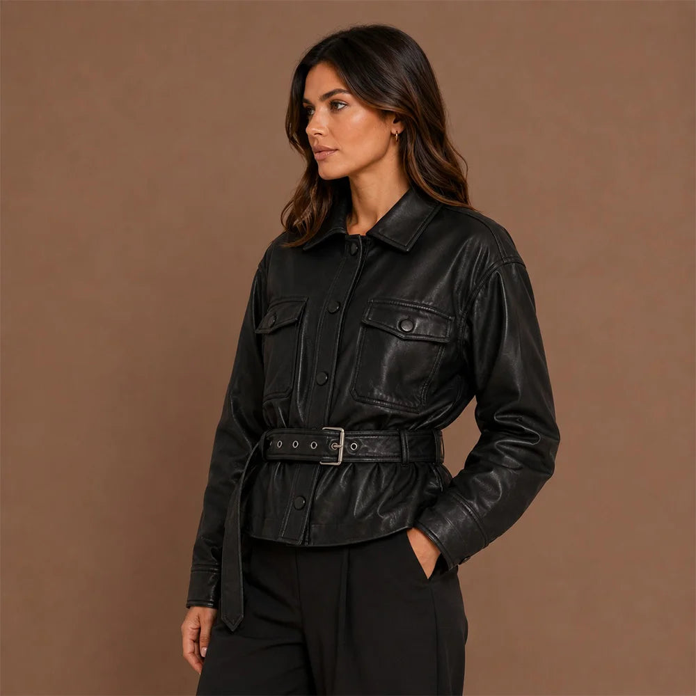 Women Black Cowhide Leather Jacket Secondary image