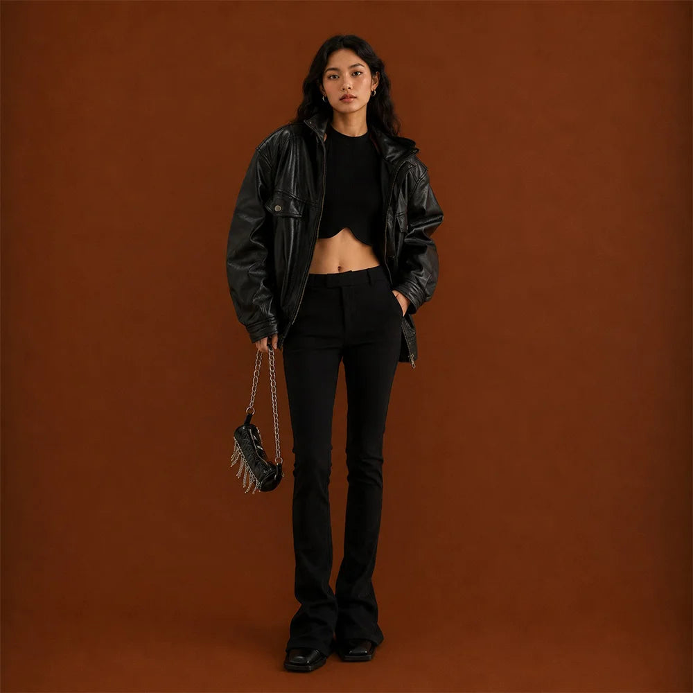 Women Black Oversized Leather Jacket