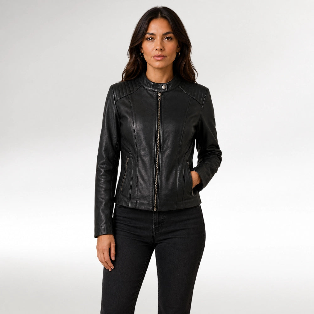 Veloce Black Slim Fit Cafe Racer Quilted Leather Jacket