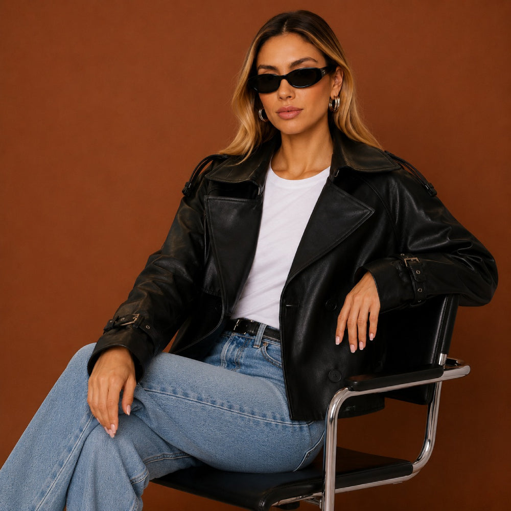 Woman wearing a black leather jacket, white shirt, and blue jeans sitting on a chair against a brown background.