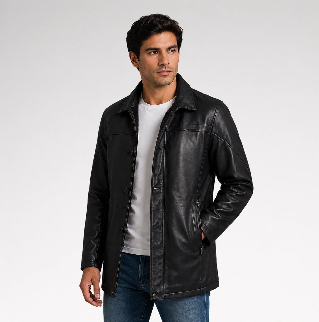 Tradizione Black 3/4 Length Leather Coat