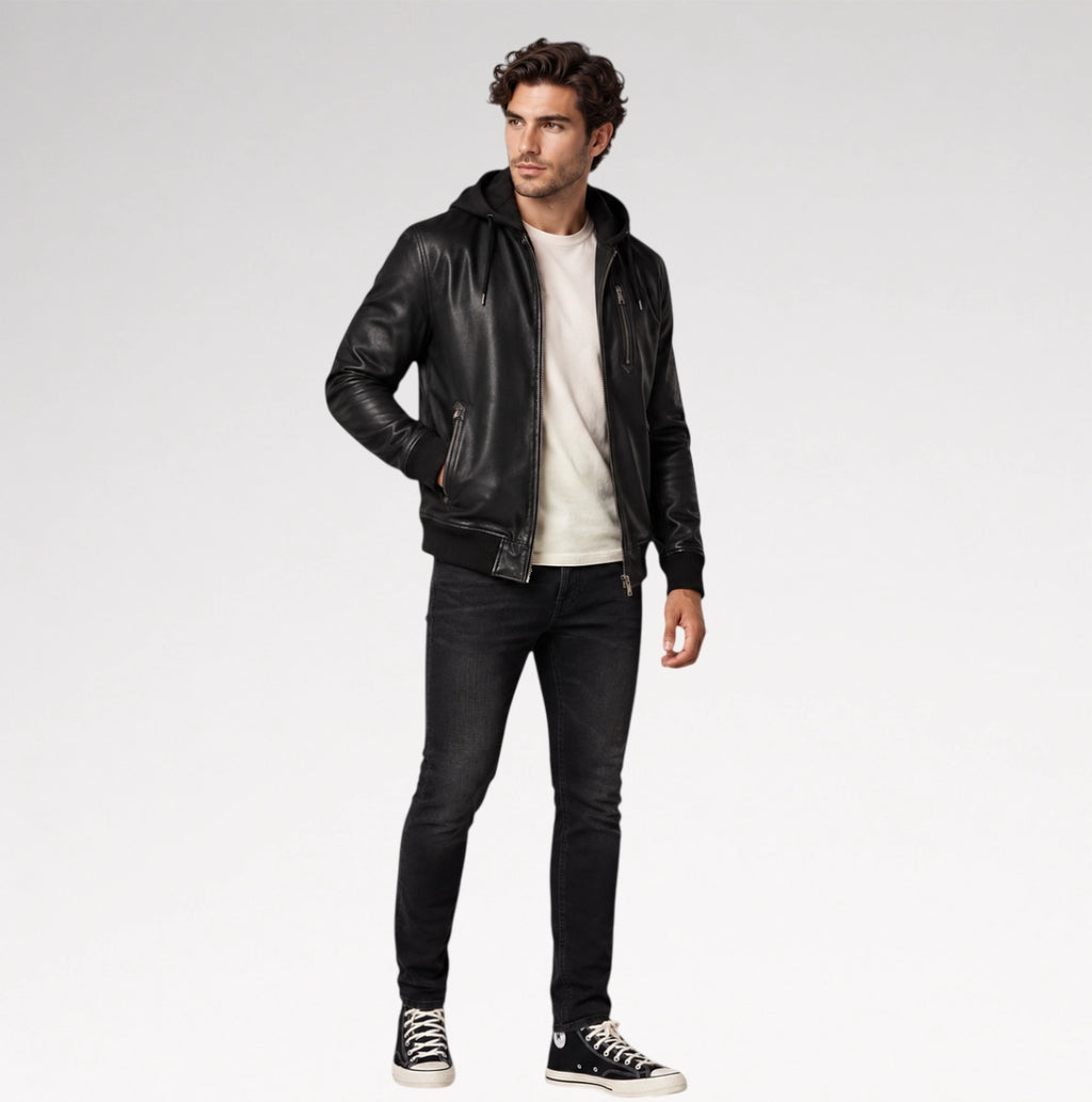 Uomo Moderno Black Nappa Leather Hooded Bomber Jacket