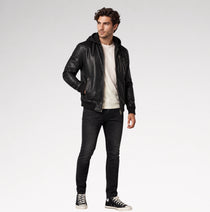 Uomo Moderno Black Nappa Leather Hooded Bomber Jacket